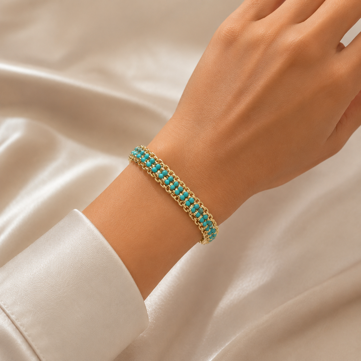 Clover & Turquoise Beaded Gold Bracelet – Handmade Layered Charm Bracelet