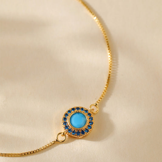 Blue Crystal Halo Gold Bracelet – Dainty Adjustable Chain Bracelet