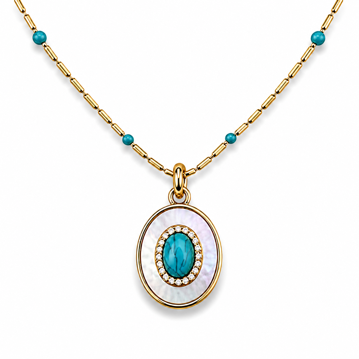 Gold Turquoise & Mother of Pearl Pendant Necklace | Boho Luxe Statement Jewelry