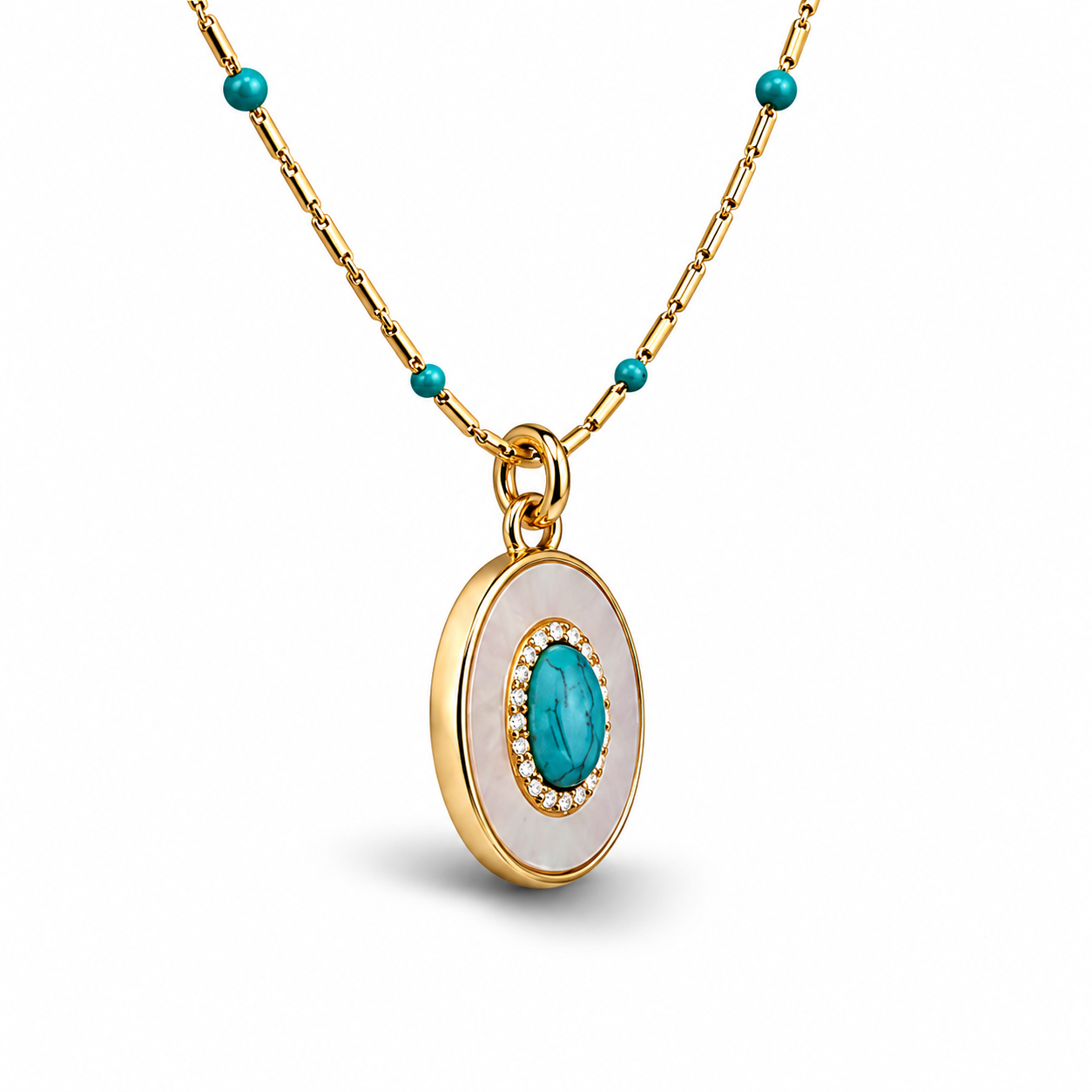Gold Turquoise & Mother of Pearl Pendant Necklace | Boho Luxe Statement Jewelry