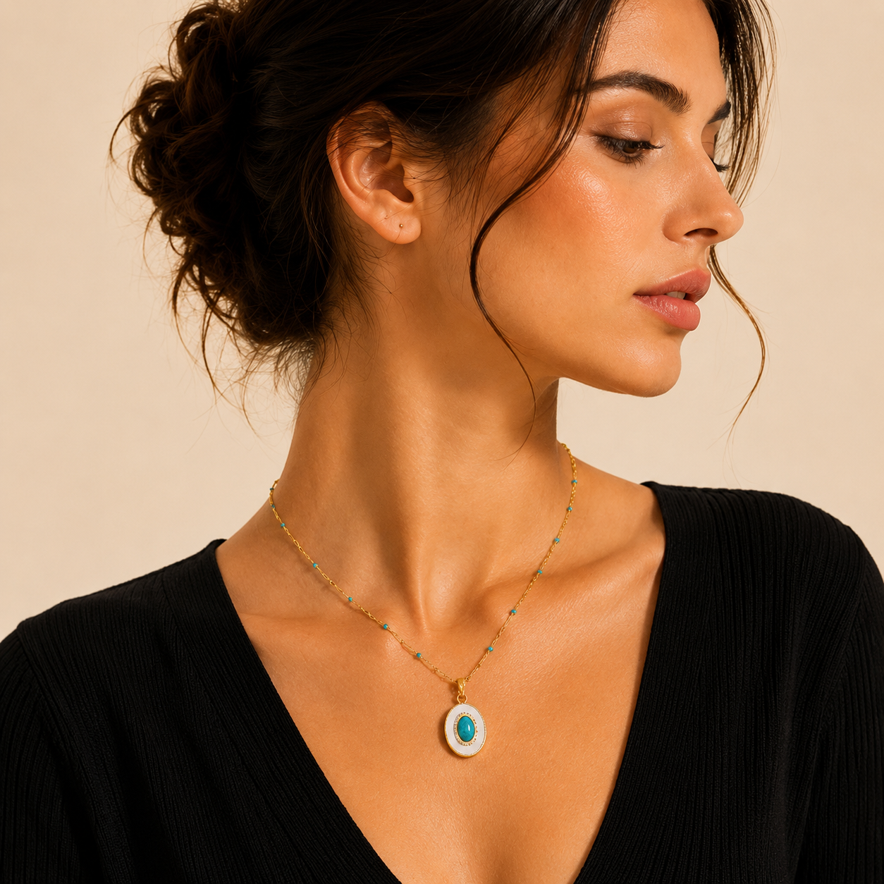 Gold Turquoise & Mother of Pearl Pendant Necklace | Boho Luxe Statement Jewelry