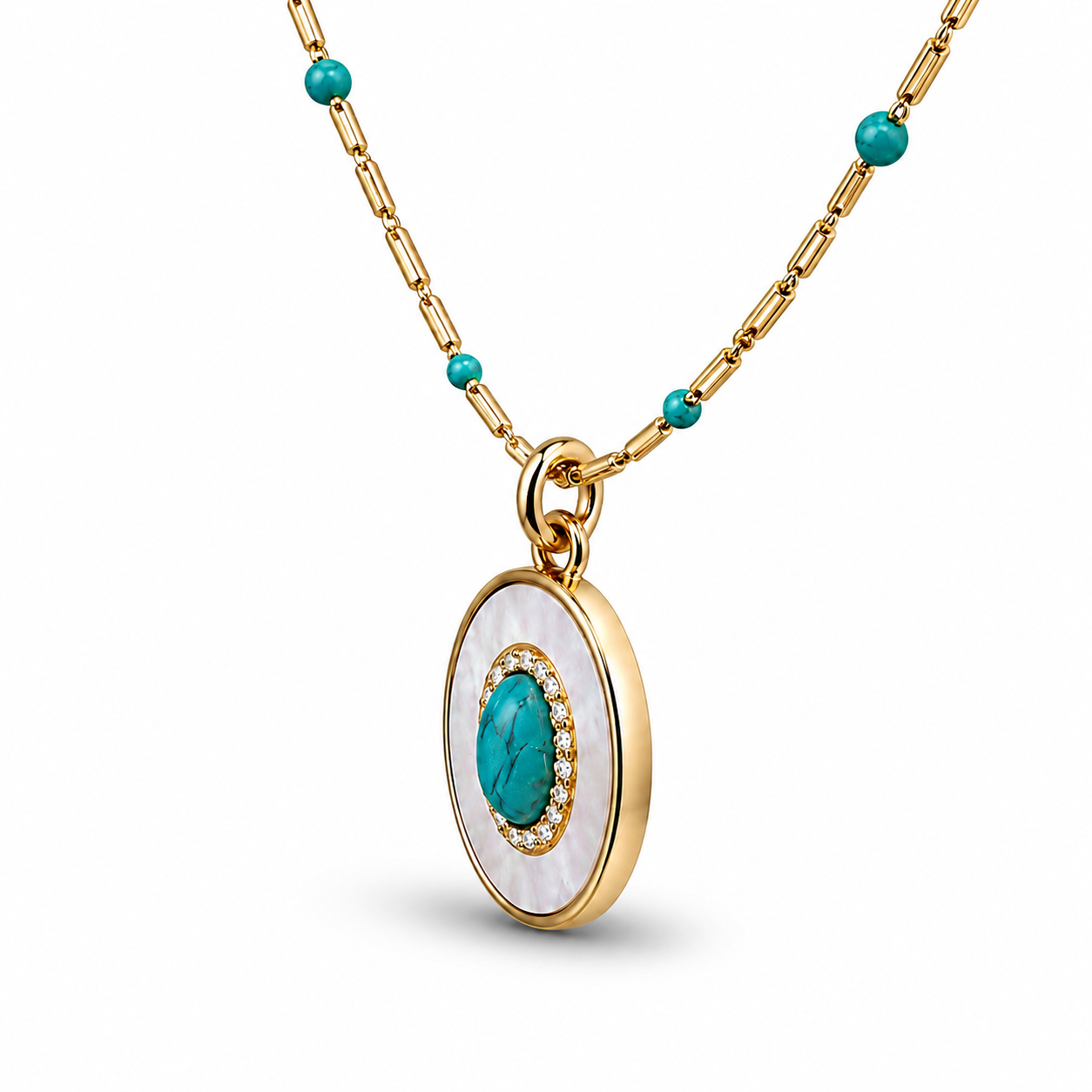 Gold Turquoise & Mother of Pearl Pendant Necklace | Boho Luxe Statement Jewelry