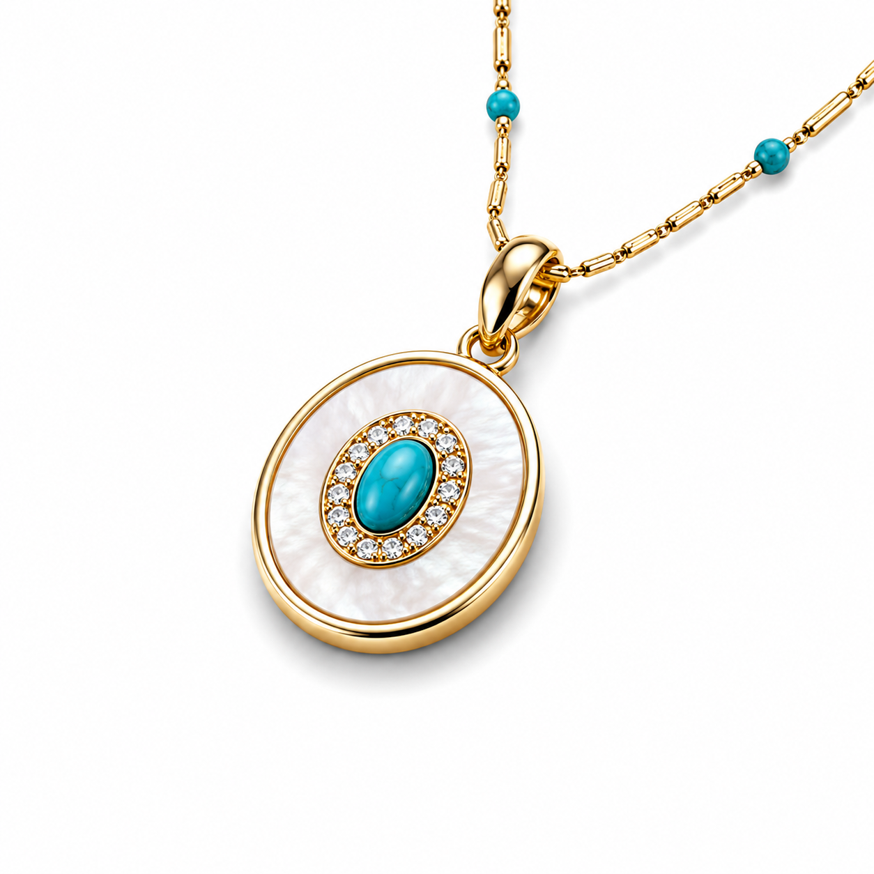Gold Turquoise & Mother of Pearl Pendant Necklace | Boho Luxe Statement Jewelry