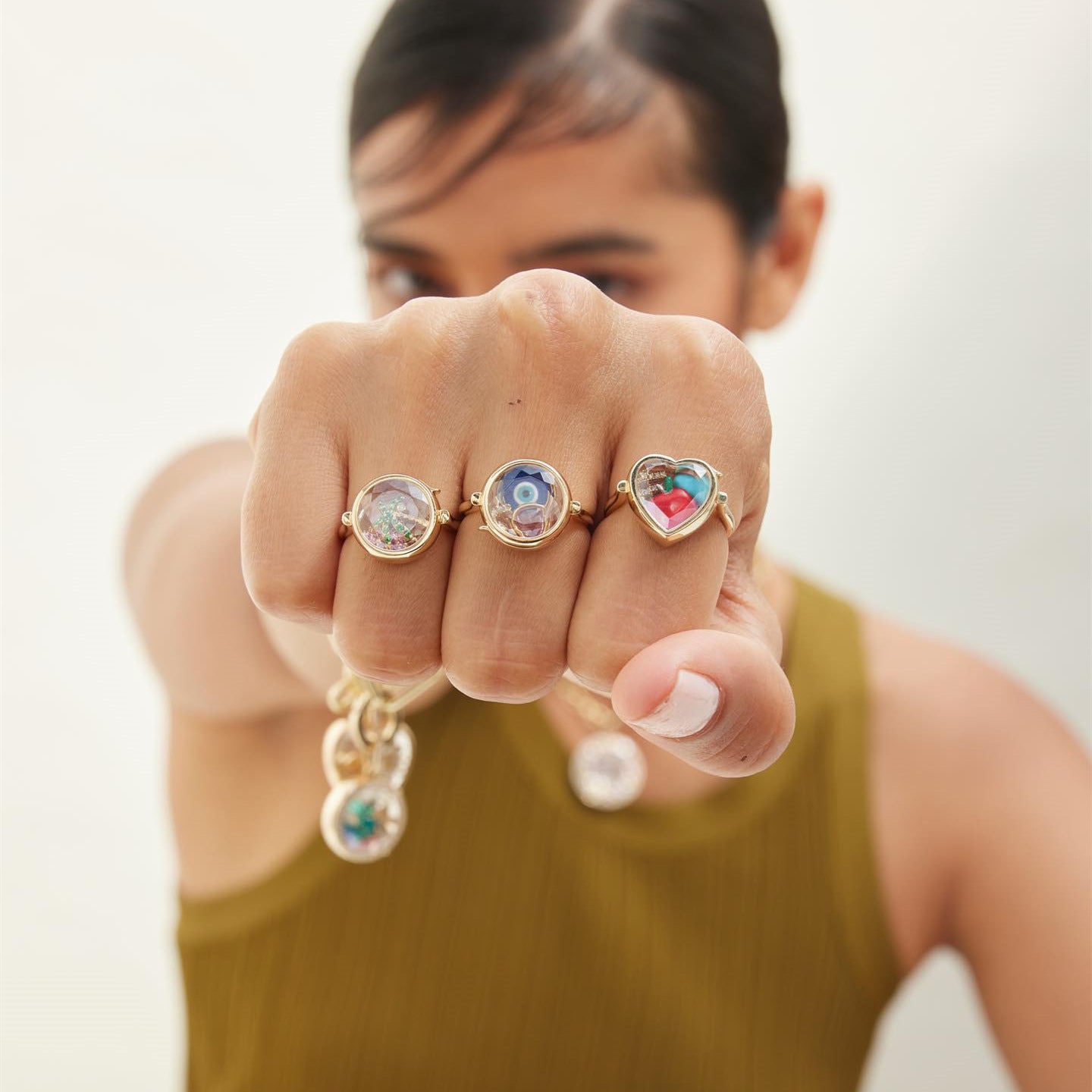 Golden Heart Charm Bar Adjustable Ring – Customizable Statement Ring
