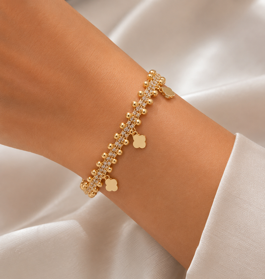 Clover & Turquoise Beaded Gold Bracelet – Handmade Layered Charm Bracelet