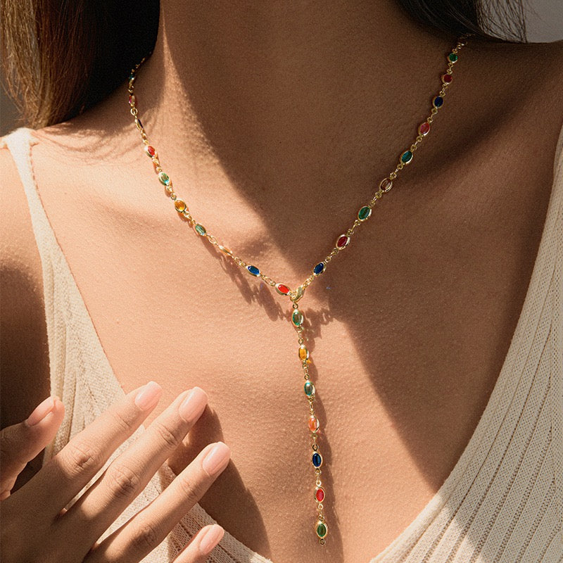 Multicolor Charm Bar Necklace – Adjustable 27” Y-Chain (Heart, Star & Circle Charms)