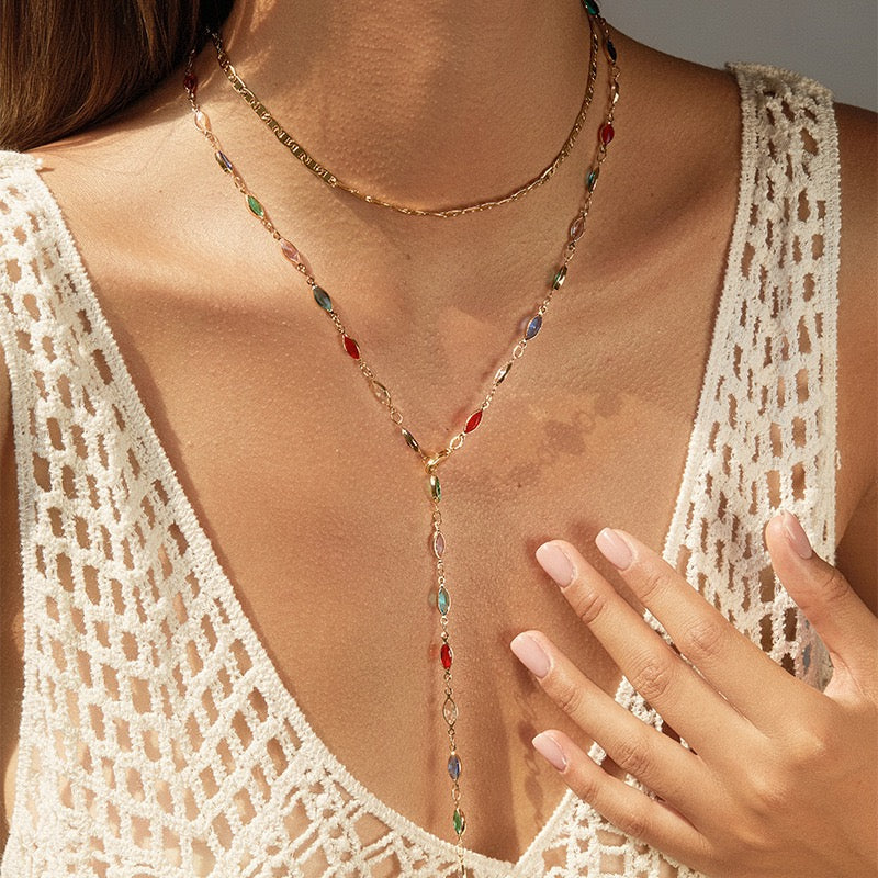 Multicolor Charm Bar Necklace – Adjustable 27” Y-Chain (Heart, Star & Circle Charms)
