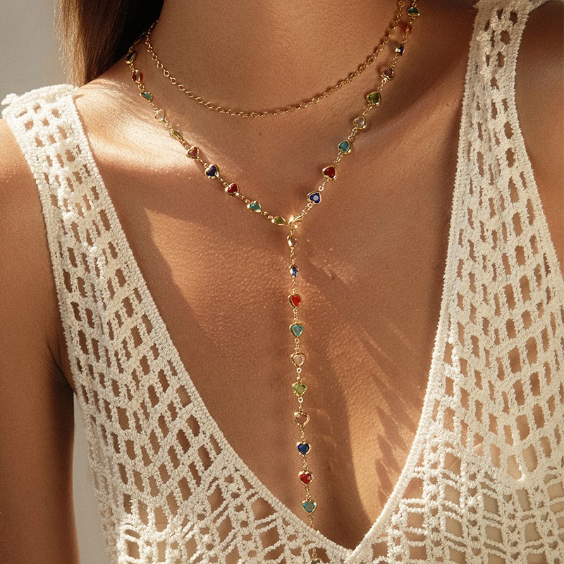 Multicolor Charm Bar Necklace – Adjustable 27” Y-Chain (Heart, Star & Circle Charms)