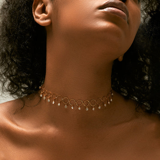 Dainty Gold Crystal Drop Circle Choker Necklace