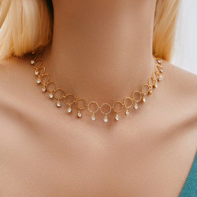 Dainty Gold Crystal Drop Circle Choker Necklace