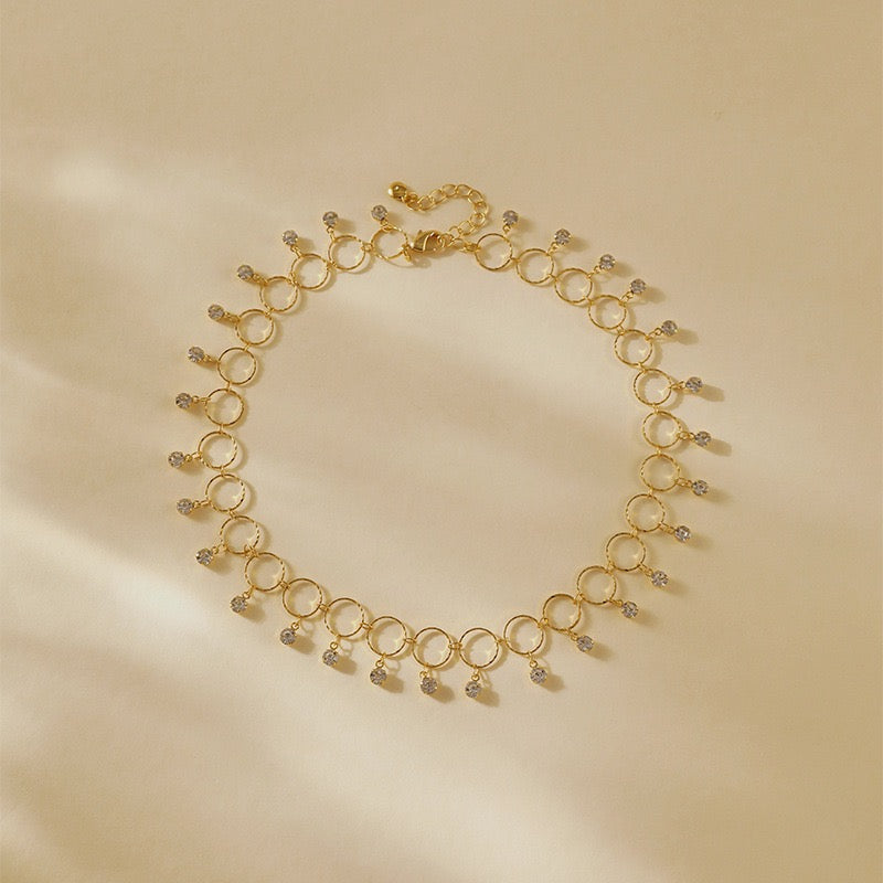 Dainty Gold Crystal Drop Circle Choker Necklace
