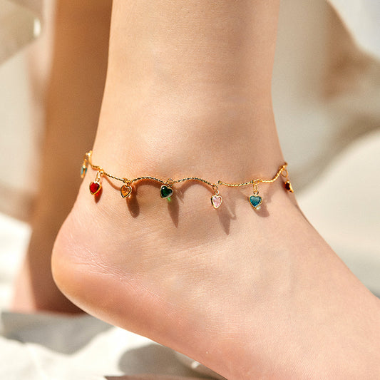 Gold Heart Charm Anklet – Dainty Crystal Drop Anklet