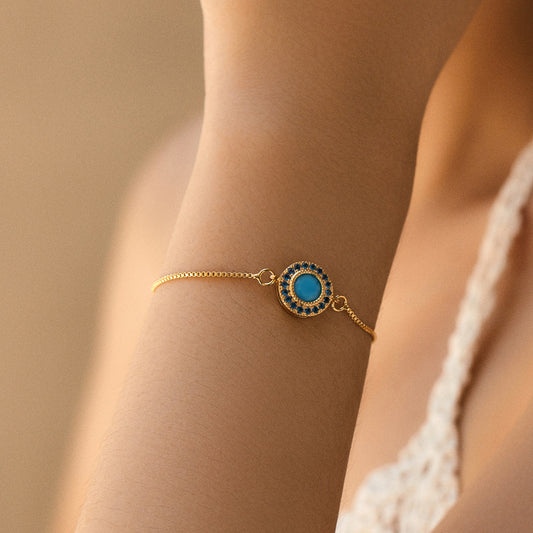 Blue Crystal Halo Gold Bracelet – Dainty Adjustable Chain Bracelet