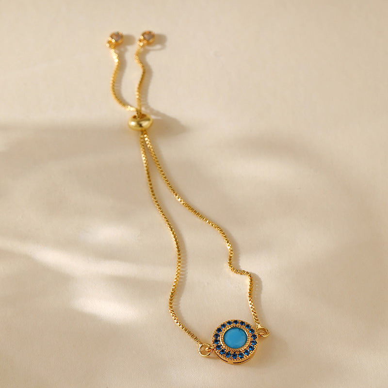 Blue Crystal Halo Gold Bracelet – Dainty Adjustable Chain Bracelet