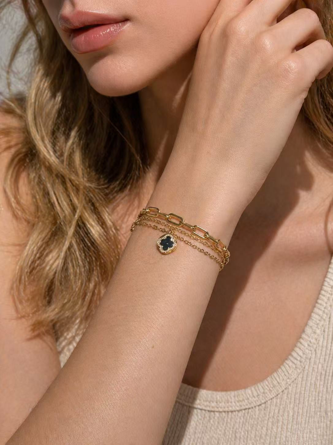 Triple Chain Clover Design Bracelet – Gold Layered Elegance
